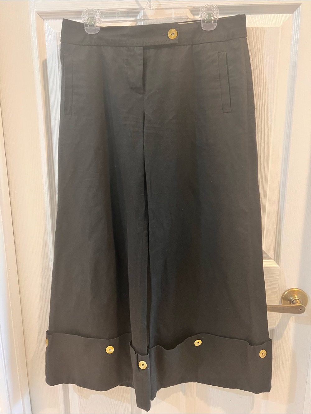 Anthropologie Black Boot-Cut Wide Leg Pants with Button Cuff
